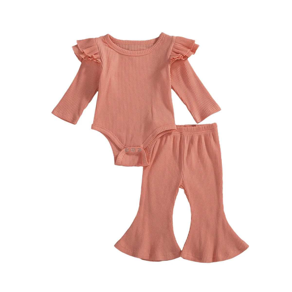 

0-24M Autumn Newborn Ruffles Long Sleeve Rompers Tops+Flare Pants Girls Casual Ribbed Knitted Outfits