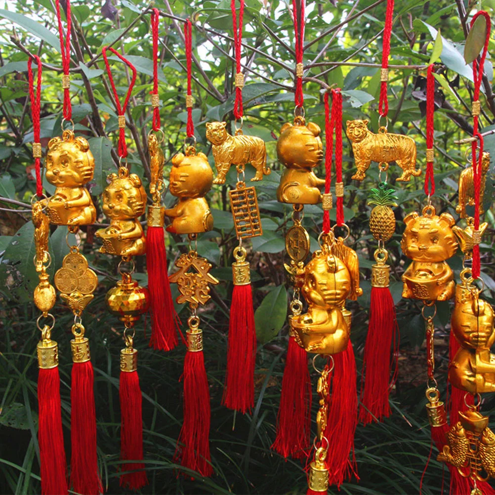 Colgante de tigre de A&ntilde;o Nuevo, decoraci&oacute;n colgante para Festival de Primavera, planta en maceta, 7 piezas-3