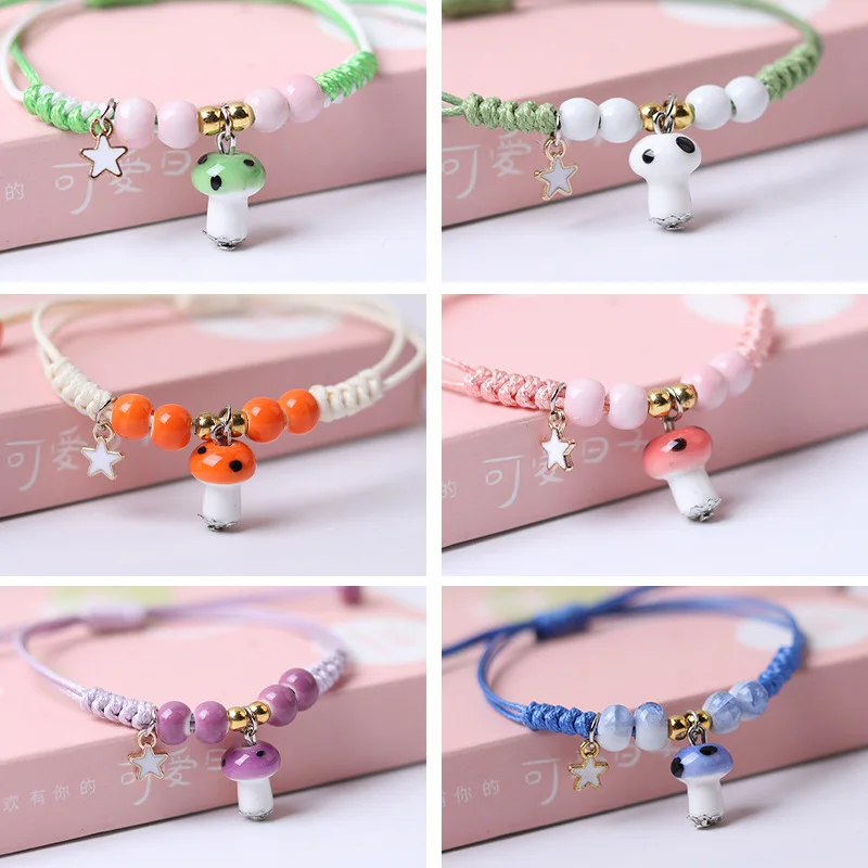 Женский браслет с розовыми грибами регулируемая веревочная цепочка Милые