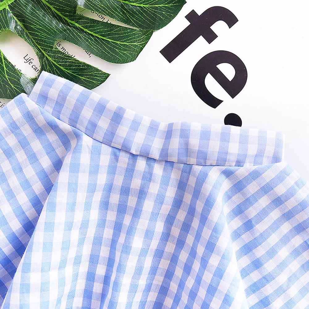 Новое поступление 2019 летняя синяя клетчатая рубашка с бантом и пышными рукавами