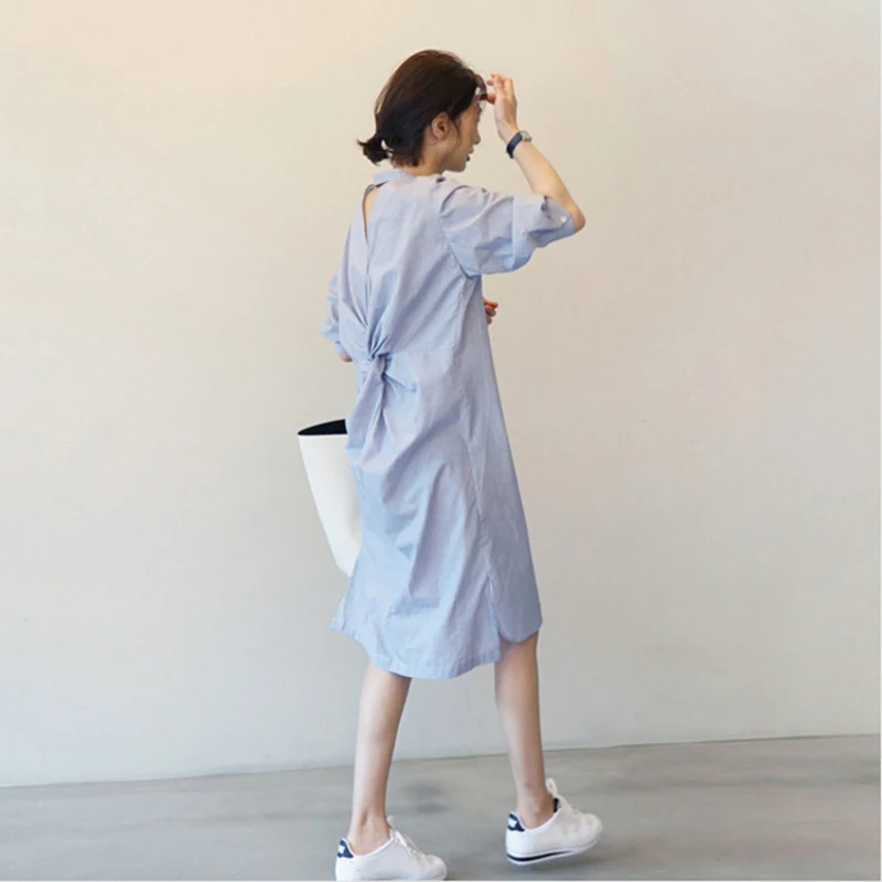

Women Shirt Dress Spring Summer Striped Buttoned Middle Sleeve Dress Korean Style Mid-length Dress -OPK