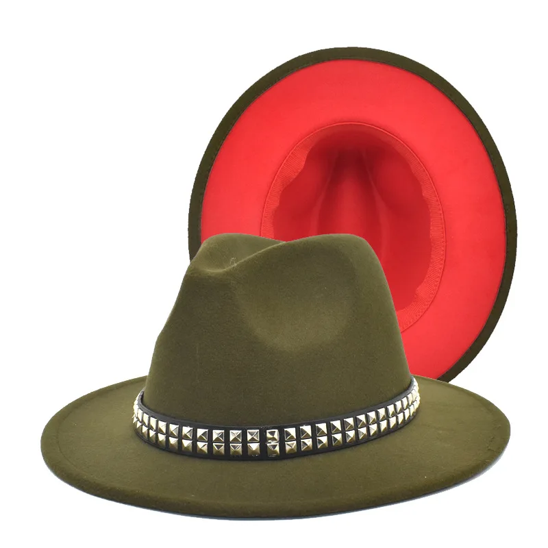 

ZLD ladies Double-sided color matching Fedoras hat fashion Rivet decoration women Felt Cap British Style Vintage men Jazz caps