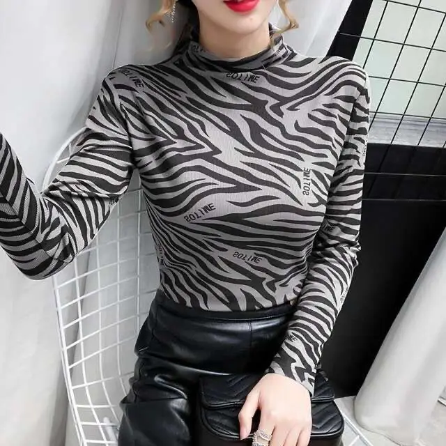 

Add flocking qiu dong long sleeve top female add thickening zebra turtleneck western style T-shirt coat