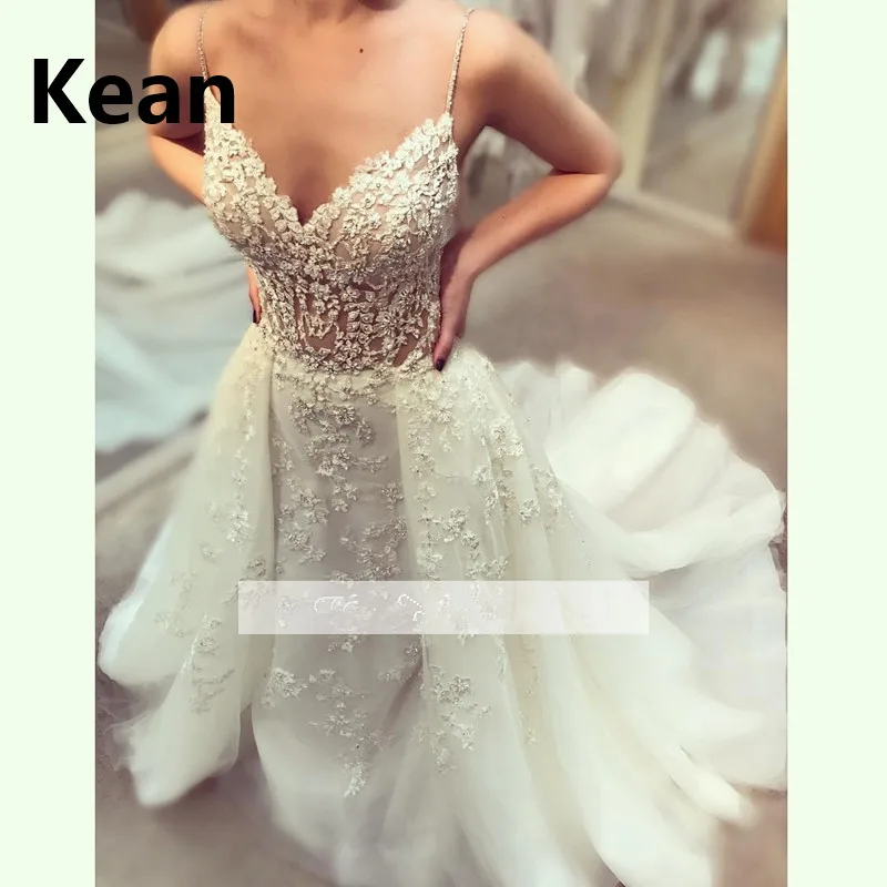 

Detachable Train Wedding Dresses Spaghetti Straps V-Neck Lace Illusion vestido De Noiva Dubai Arabic Robe De Mariee New Arrival