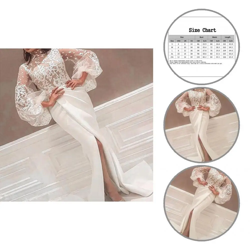 

Bride Dress See-through Lightweight Long Crochet Lace Puff Sleeve Woman Gown Party Dress for Banquet