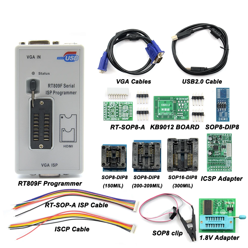 Программатор RT809F Serial ISP с 12 адаптерами + адаптер 1 8 в тестовый зажим SOP8 кабель EDID