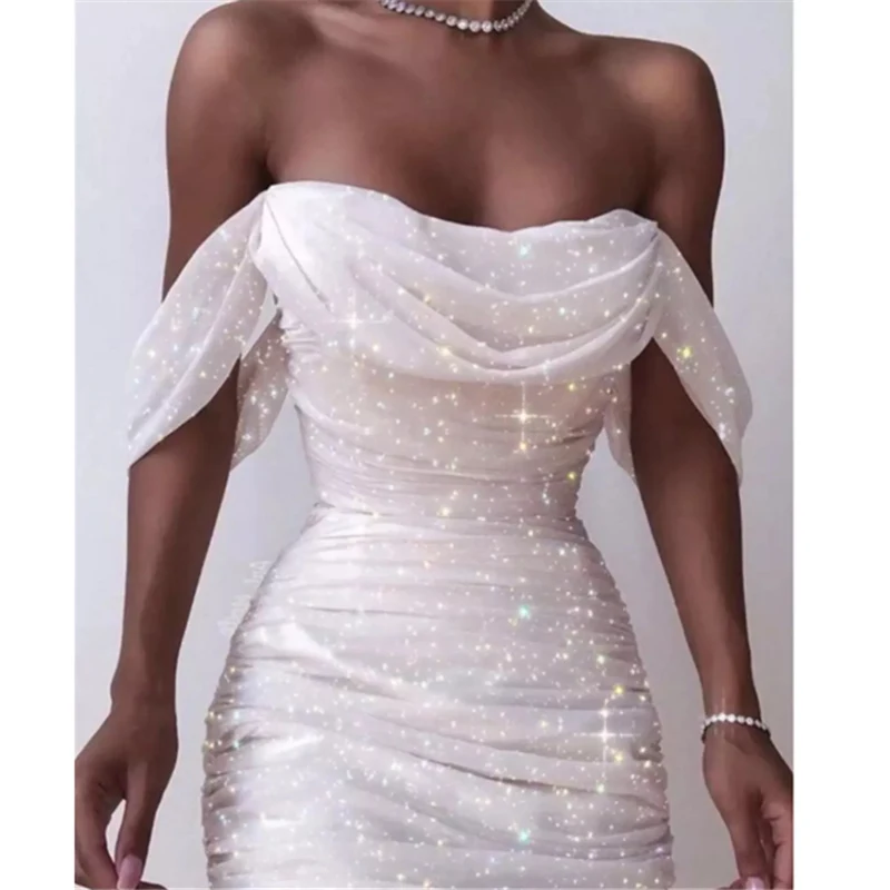 Сексуальные белые блестящие платья для женщин 2019 с открытыми плечами мини