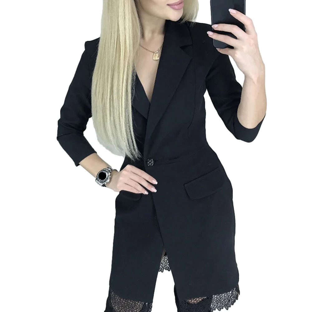Office Lady Lapel Collar 3/4 Sleeve Lace Hem Button Knee-length Dress Blazer | Женская одежда