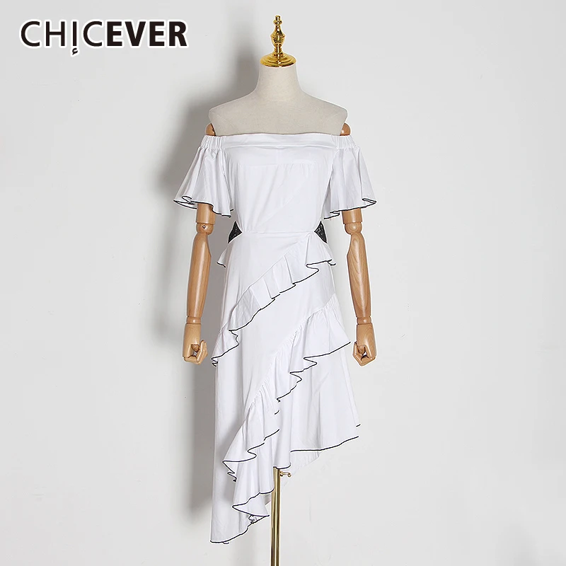 

CHICEVER White Elegant Women’s Dresses Patchwork Ruffle Square Collar Sleeveless High Waist Hit Color Dress Female 2021 New