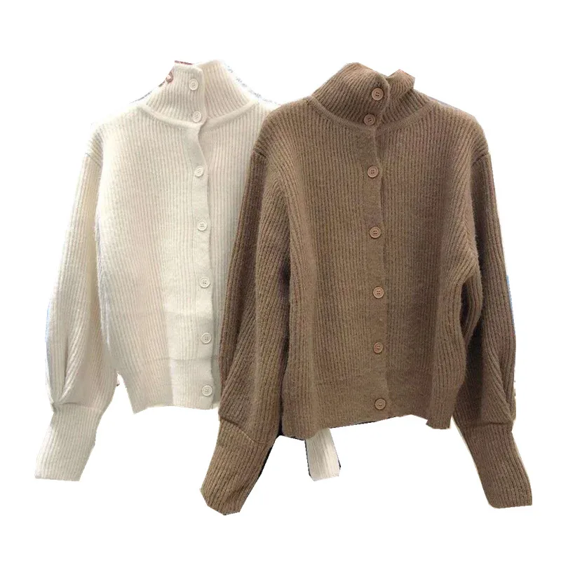 

New Chic Loose Turtleneck Sweater Women Lantern Sleeves Thicken Knitted Cardigan Fashion Design Autumn Winter Ladies Knitwear