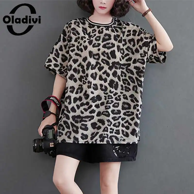 

Блузка Oladivi женская шифоновая с коротким рукавом, Модный повседневный Свободный Топ с леопардовым принтом, крутая тонкая рубашка, большие р...