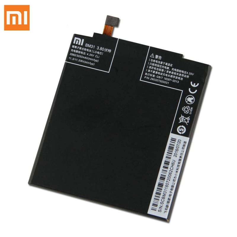 Оригинальная сменная батарея для Xiaomi mi 3 M3 mi 3 BM31, настоящая батарея для телефона 3050 мАч