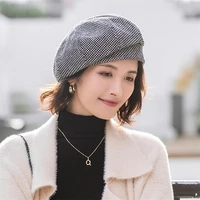 british retro lady spring winter warmer houndstooth knitted beret cap sweet woman outdoor street shopping warmth pumpkin hat