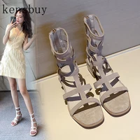 retro new women hollow out gladiator sandals summer square toe short heel soild leather sandals sasual back zipper rone sandals