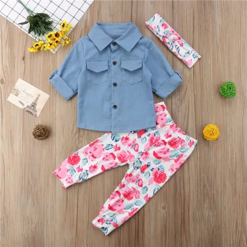 Весенне-осенний комплект одежды для маленьких девочек Джинсовая рубашка Топы +