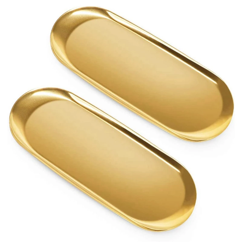 

2Pcs Gold Plate Stainless Steel Dessert Plate Nut Fruit Cake Tray Snack Plate Western Steak Plate Plate Trays