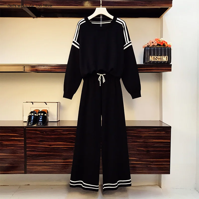 

Large size sister knitted suit women's 2020 Autumn New Western style slimming wide leg pants striped two-piece