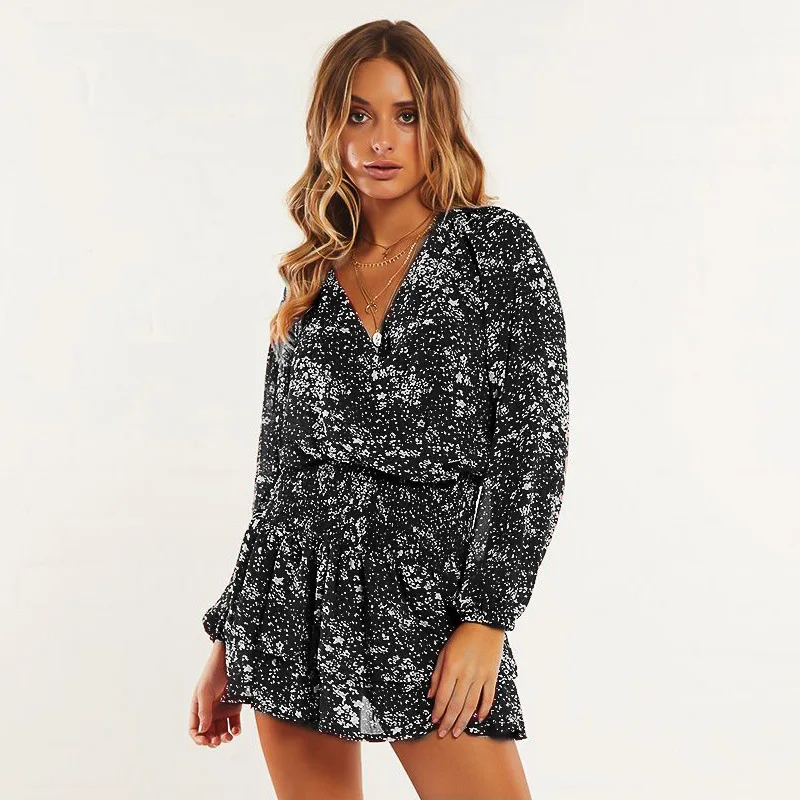 

Femme Summer Dress New Women's V-neck Sexy Chiffon A-line Dress Long Sleeve Printing Stretch Waist Short Dress Mujer Vestidos