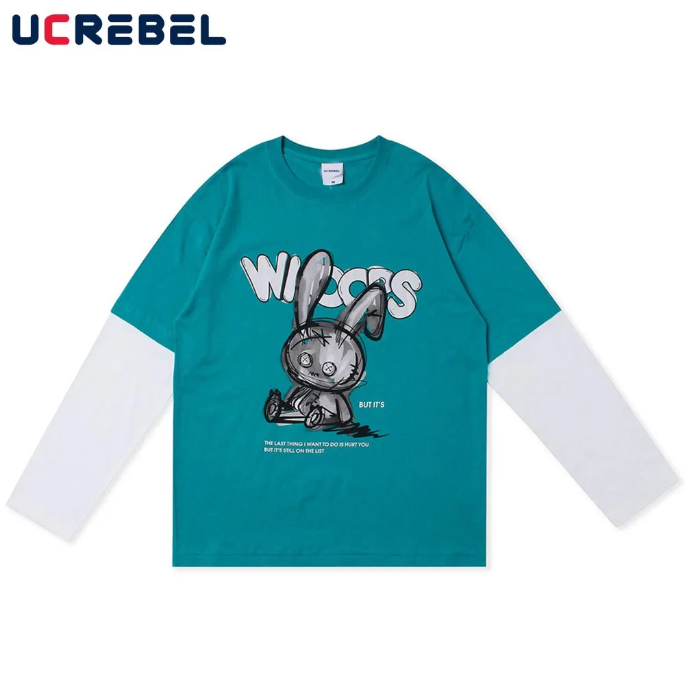 

Spoof Cartoon Little Bear Print Long Sleeve T-shirt Mens Autumn Contrast Paneled Fake Two Pieces T-shirt Loose Crew Neck Tee Men