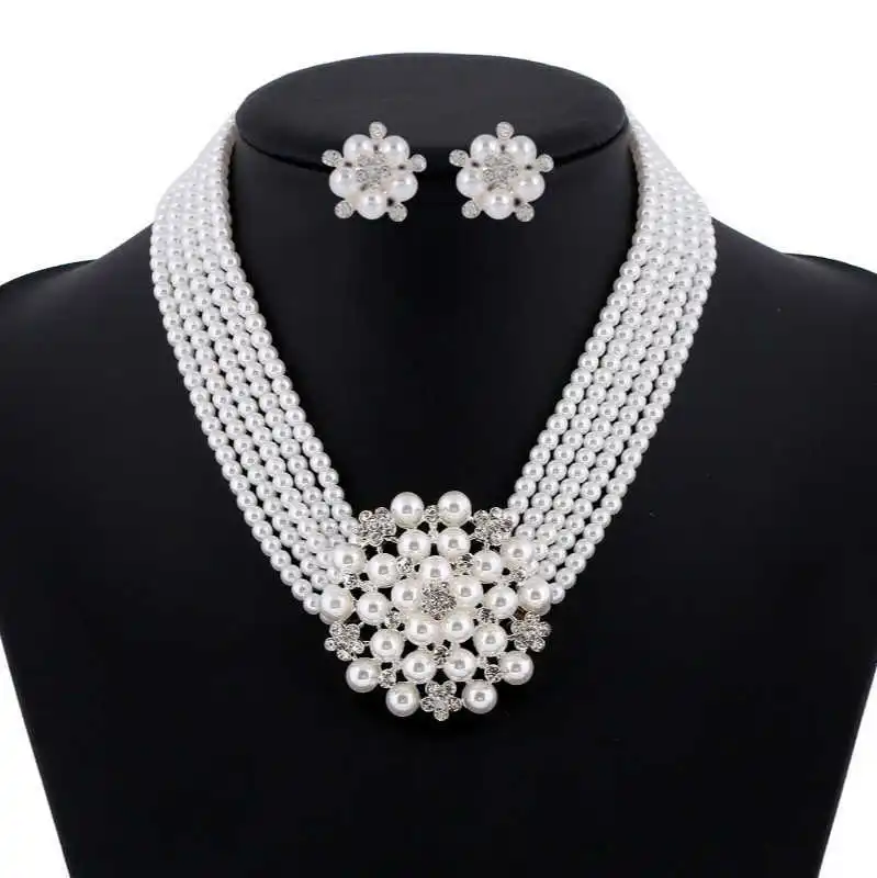 Женский многослойный комплект из колье и серёг с искусственным жемчугом |