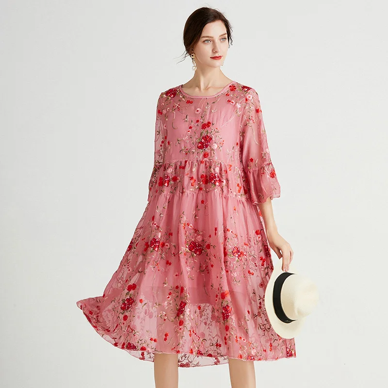 Encaje vestido de verano en Tallas grandes mujer 2021 moda elegante bordado Floral rosa de fiesta negro playa Bohemia ropas de vestido de Dama