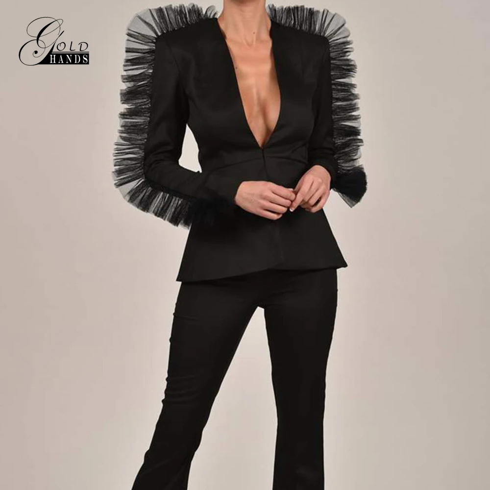 Gold Hands 2019 New Women Deep V-Neck Mesh Spliced Sexy Blazer and Shorts Set Long Sleeve Autumn Two Piece Casual Free Ship | Женская