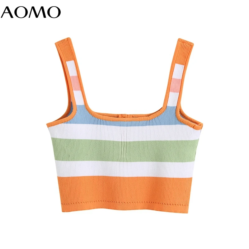 

AOMO women striped crop top spaghetti strap sleeveless backless short blouses shirts female casual solid tops BE665A
