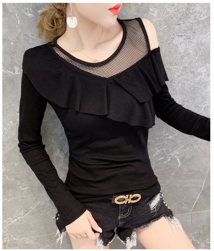 3726 Black Long Sleeve T Shirt Women One Shoulder Tops Spliced Ruffles Slim Stretch Sexy Nightclub Top Female Mesh Round Neck