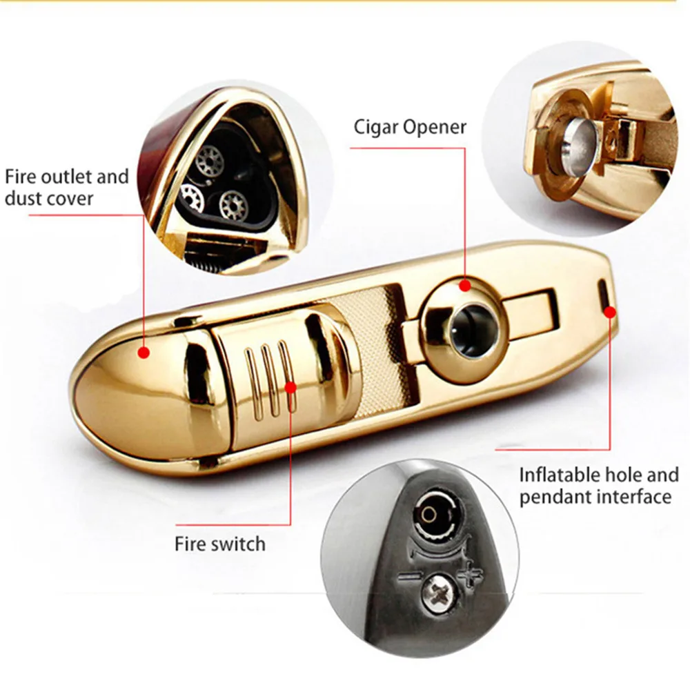 Новая Металлическая ветрозащитная Зажигалка для сигар с 3 синими пламенями турбо