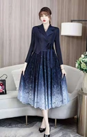 plus size dress for woman 45 75kg 2021 spring gradient colour stretch miyake pleated notched collar slim lace up waist elegant
