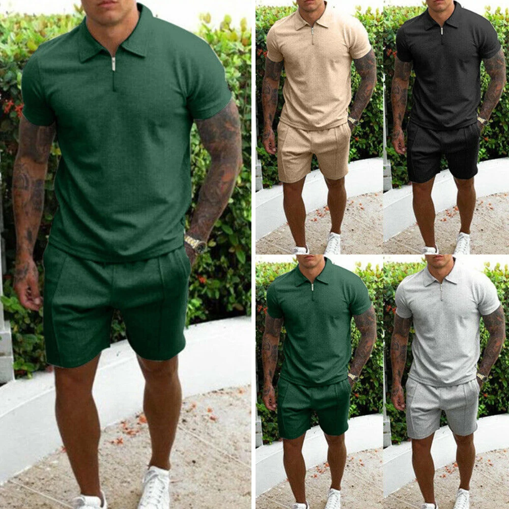 

Men's Summer Short Sleeve Turndown T-shirt+Shorts Pants Set Gym Training Jogging Active Wear Suit Casual Tracksuit Tops Bottoms