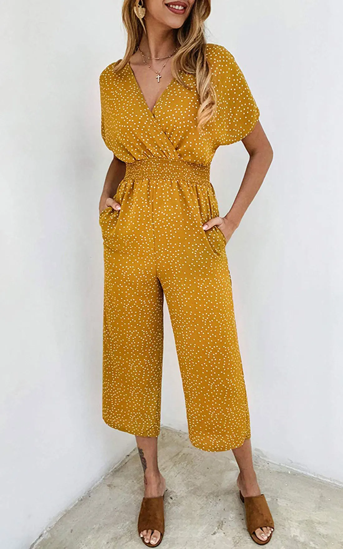 Женский цельный комбинезон в горошек повседневный с V-образным вырезом высокой