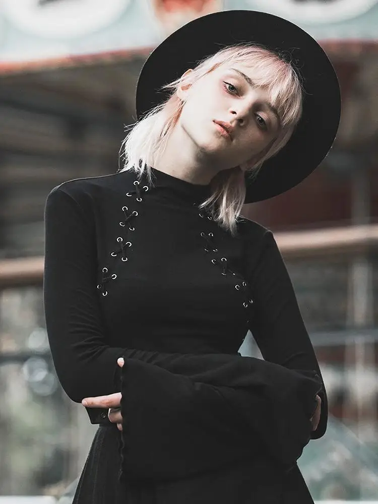 Панк рейв Женская готика Высокая шея пересекающая веревку с длинными рукавами