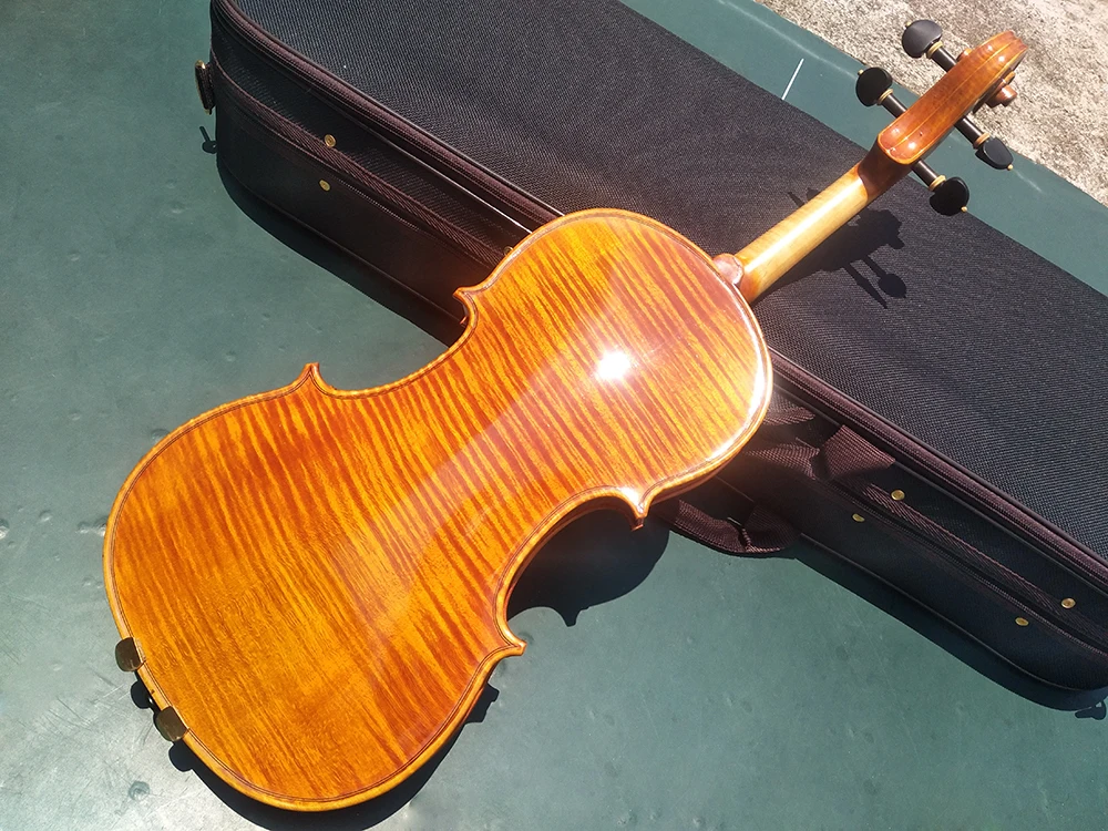 Красивая скрипка ручной работы, клен 4/4, твердая древесина, натуральный тигровый узор, желтая скрипка ручной работы с бразильским бантом