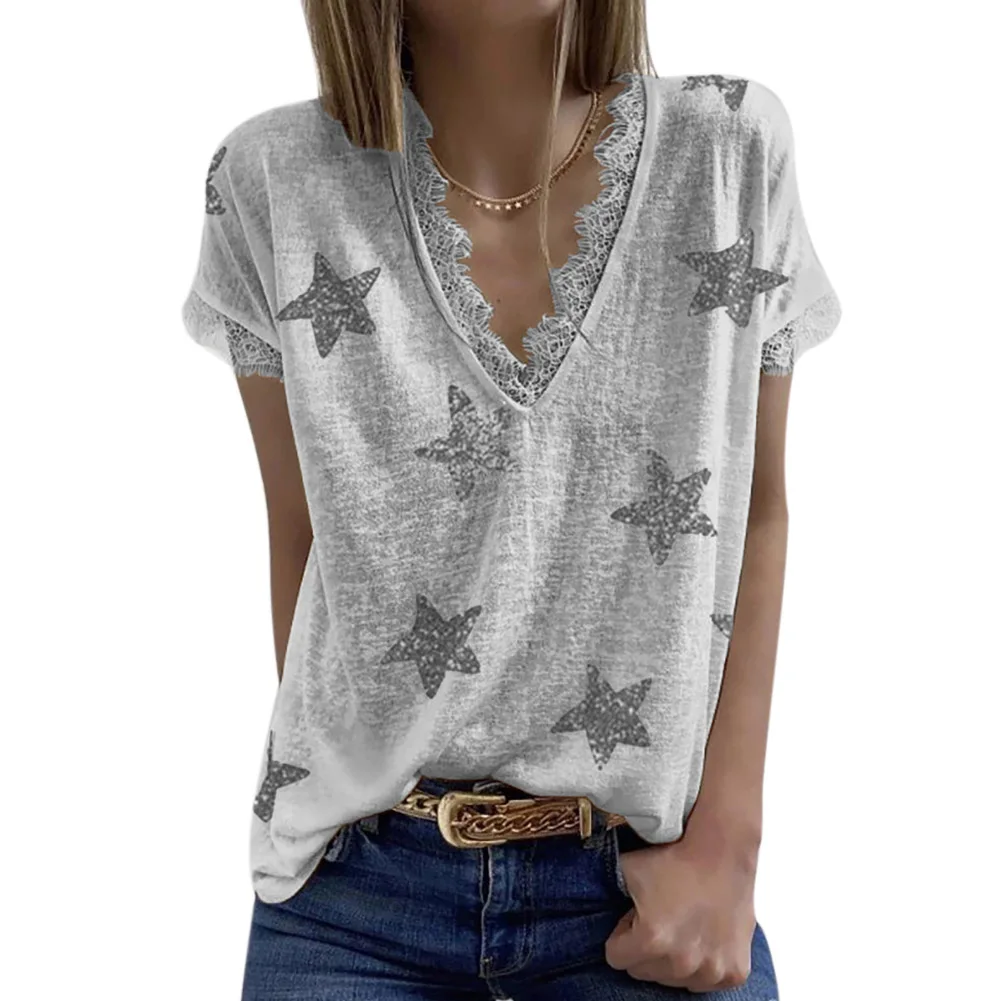 

Ladies' Summer V-Neck Lace T-shirt Star Print Loose Wild Breatheable Cool Short Sleeve Tops