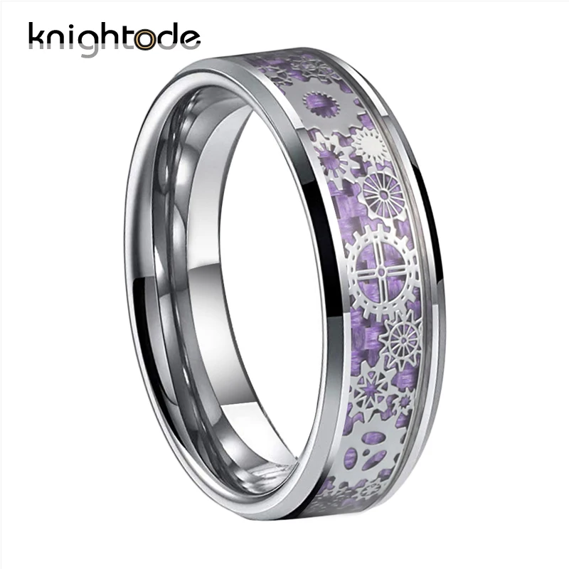 6mm Purple 8/6 мм Для мужчин Для женщин обручальное кольцо механического Шестерни колеса Вольфрам кольцо скошенными краями с красным фиолетовый, черный синий углеродного волокна инкрустация - Цвет основного камня: 6mm Purple