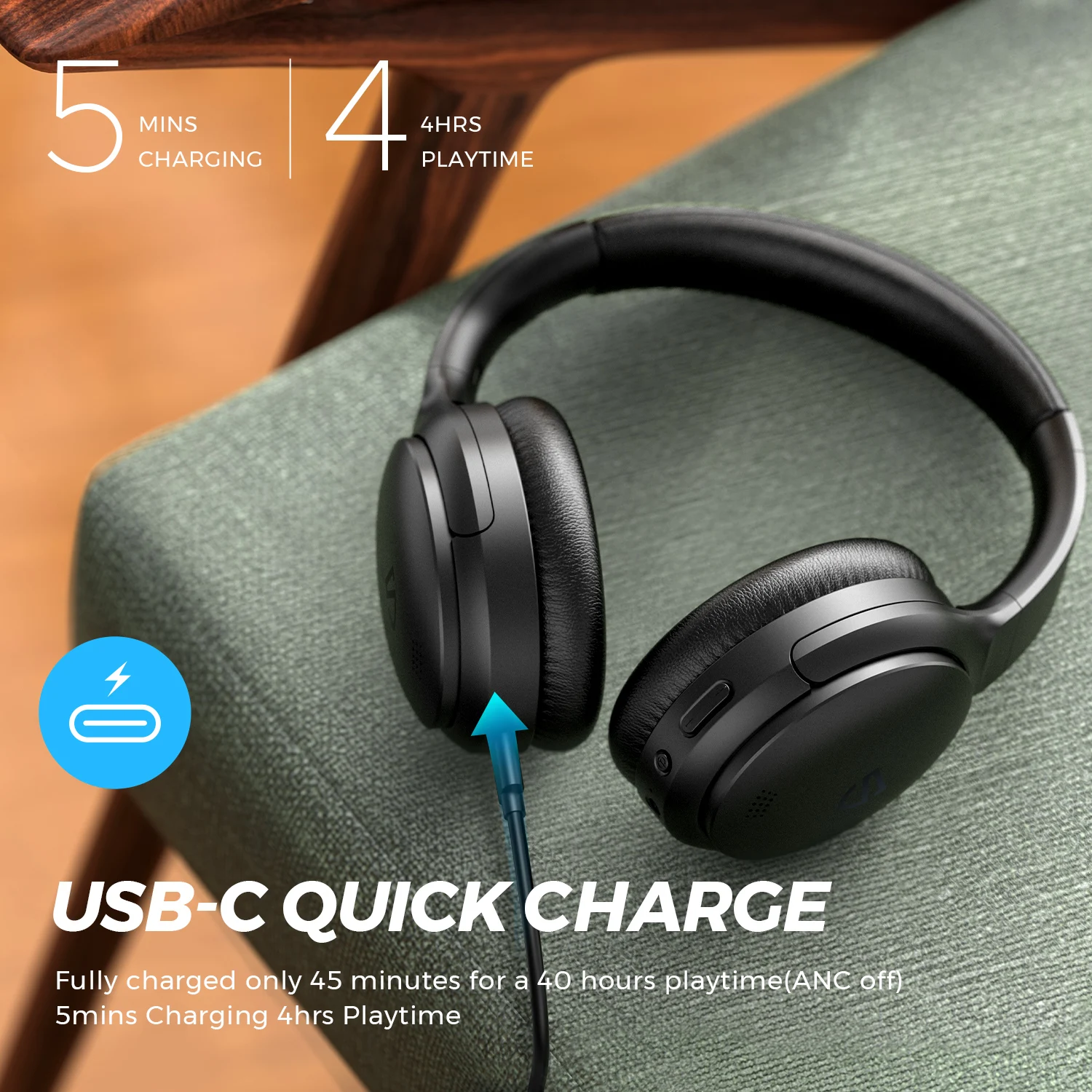 Беспроводные Bluetooth-наушники SOUNDPEATS с активным шумоподавлением 40 часов