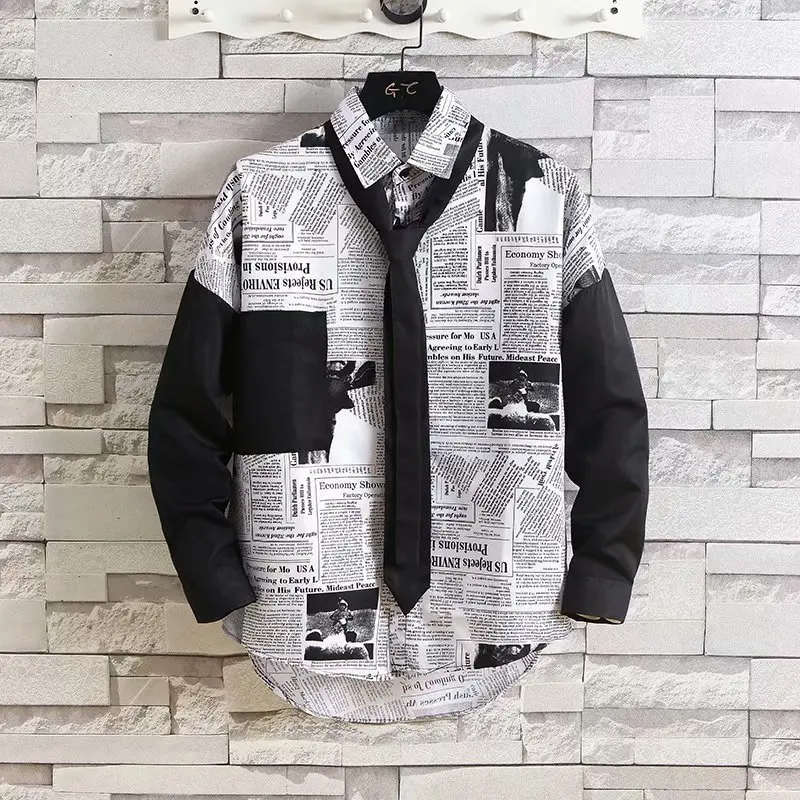 

newspaper shirt men's long sleeve Hong Kong Style autumn Korean Edition handsome casual shirt coat loose inch clothes