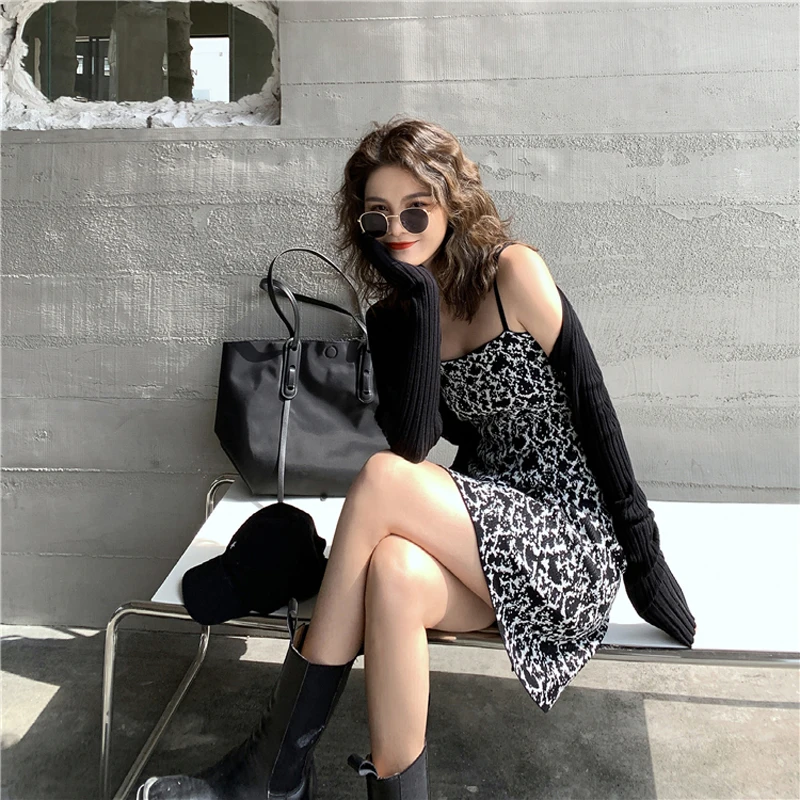 

2021 Sexy Women's Dress Summer Knitted Sling Mini Dress Waist A-line Dresses Sleeveless Black Ladies Dresses