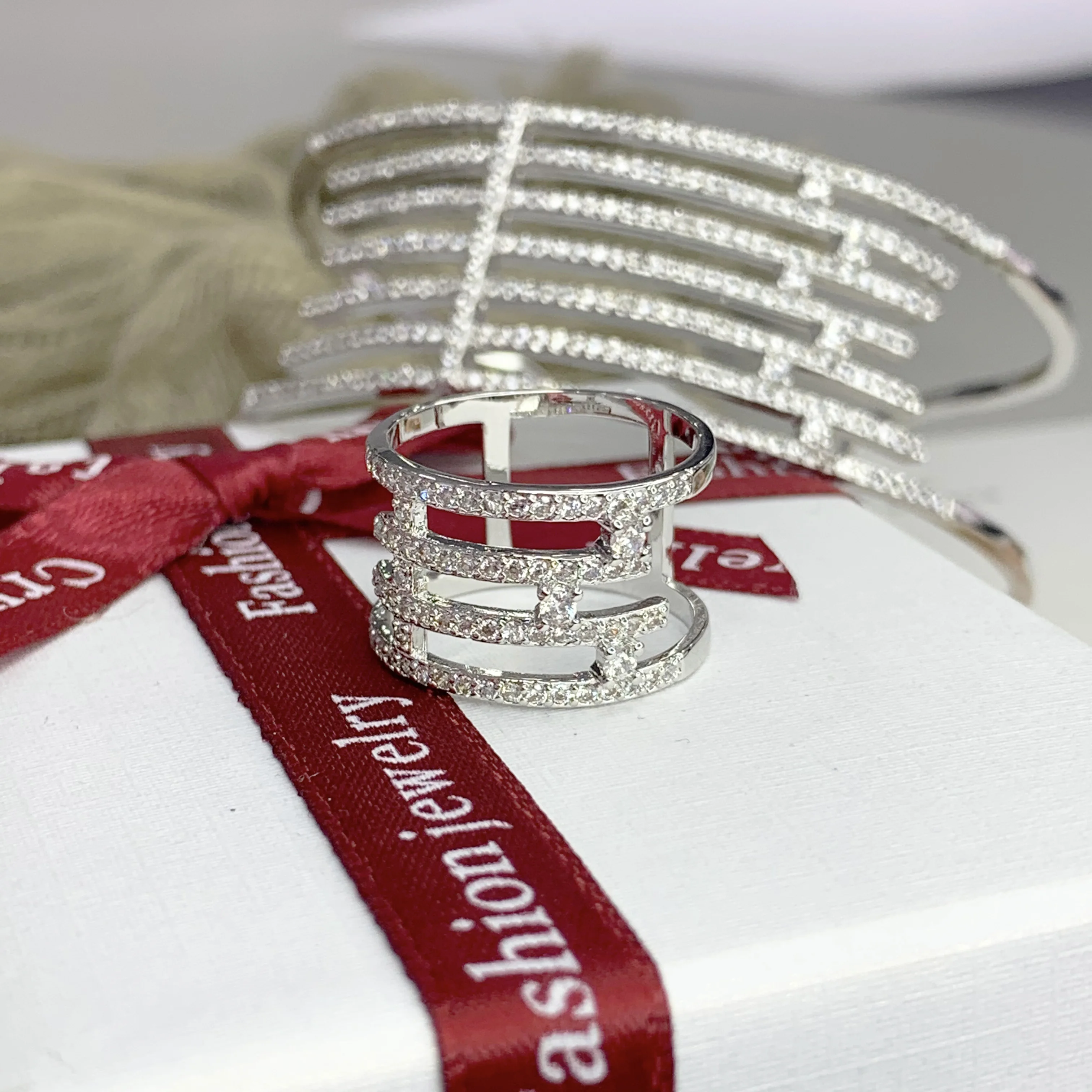 

TC Luxury classic open line bracelet with Ring Jewelry Set copper zircon art wedding jewelry women gift B0520