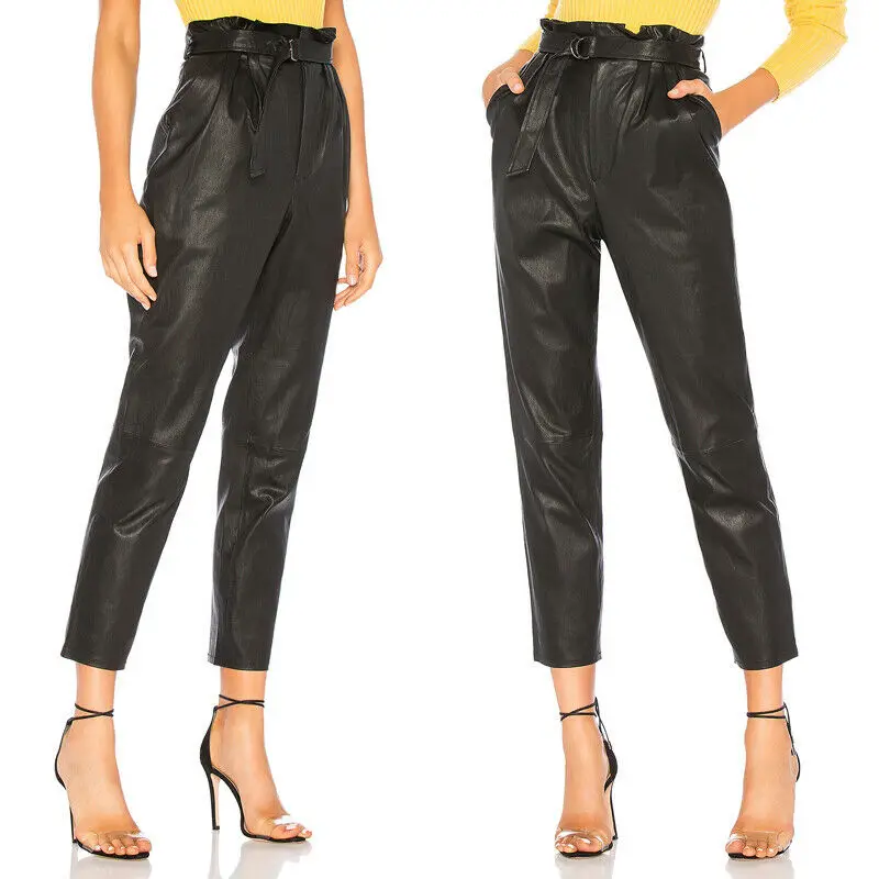 

With Belt Fashion Women Push Up PU Faux Leather Leggings High Waist Ankle Length Pants Wet Look Slim Trousers