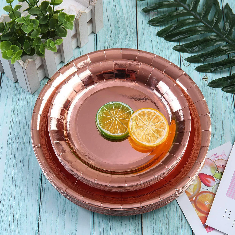 

Disposable tableware Gold-Plated Rose Gold tablecloth paper cup knife fork spoon paper tray party supplies decoration set