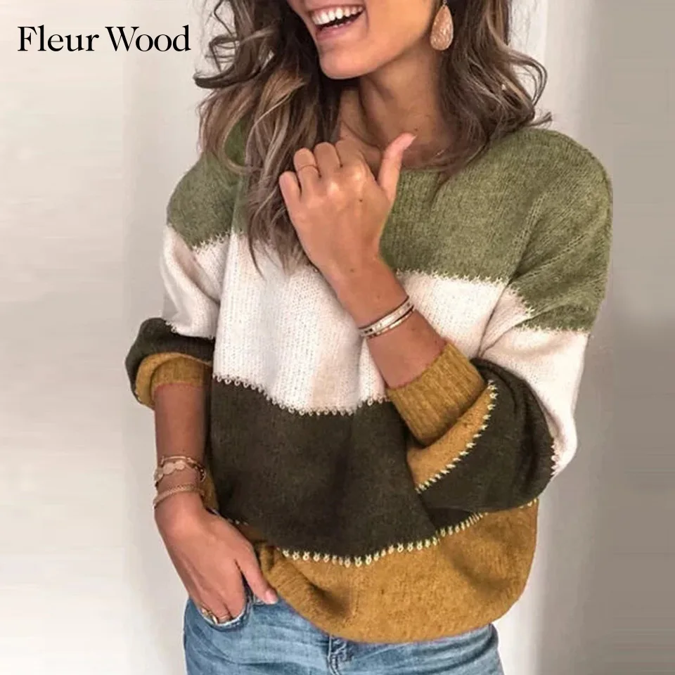 

Женский свитер с круглым вырезом, в полоску, Осень-зима, 2020