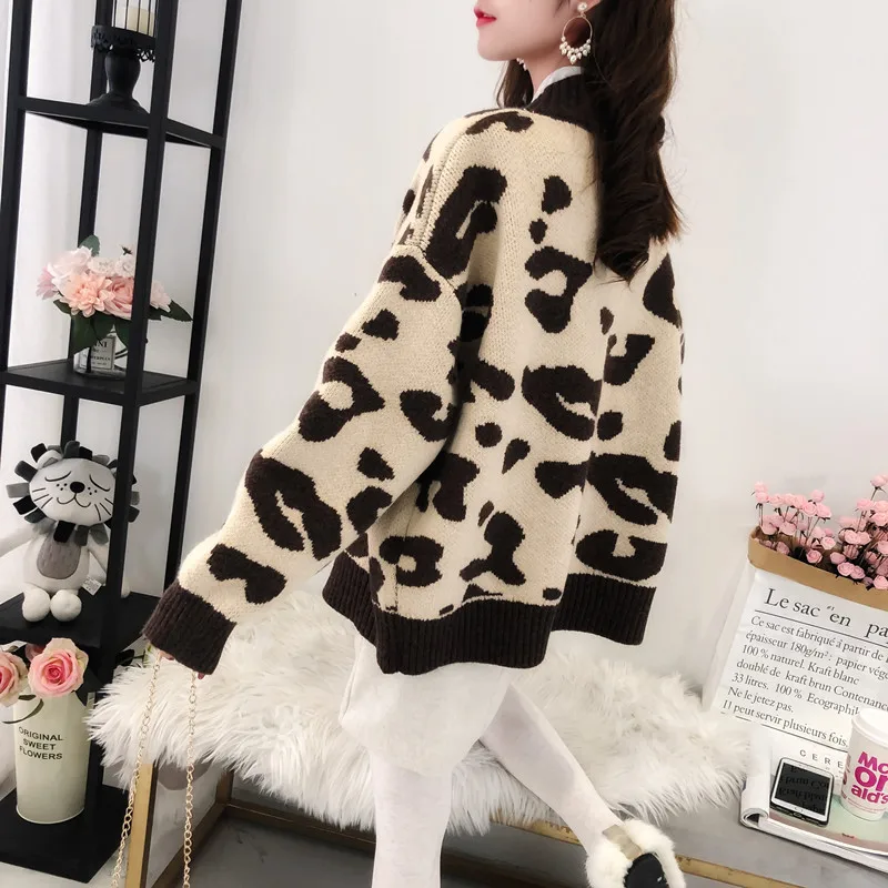 

TIGENA Autumn Winter Women Cardigan 2021 Korean Casual Leopard Print Clothes Oversized Knit Cardigan Sweater Female Jacket Coat