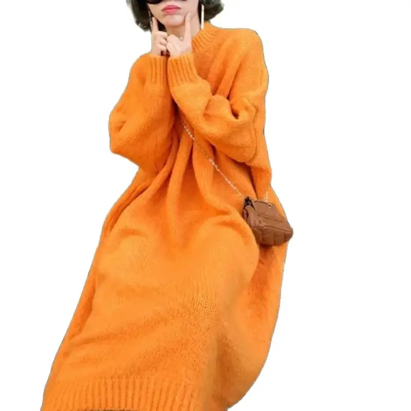 

Fashion Autumn And Winter Sweter Mujer 2022 New Lazy Wind Wild Over-The-Knee Sweater Round Neck Pullover Thick Knitted Dress