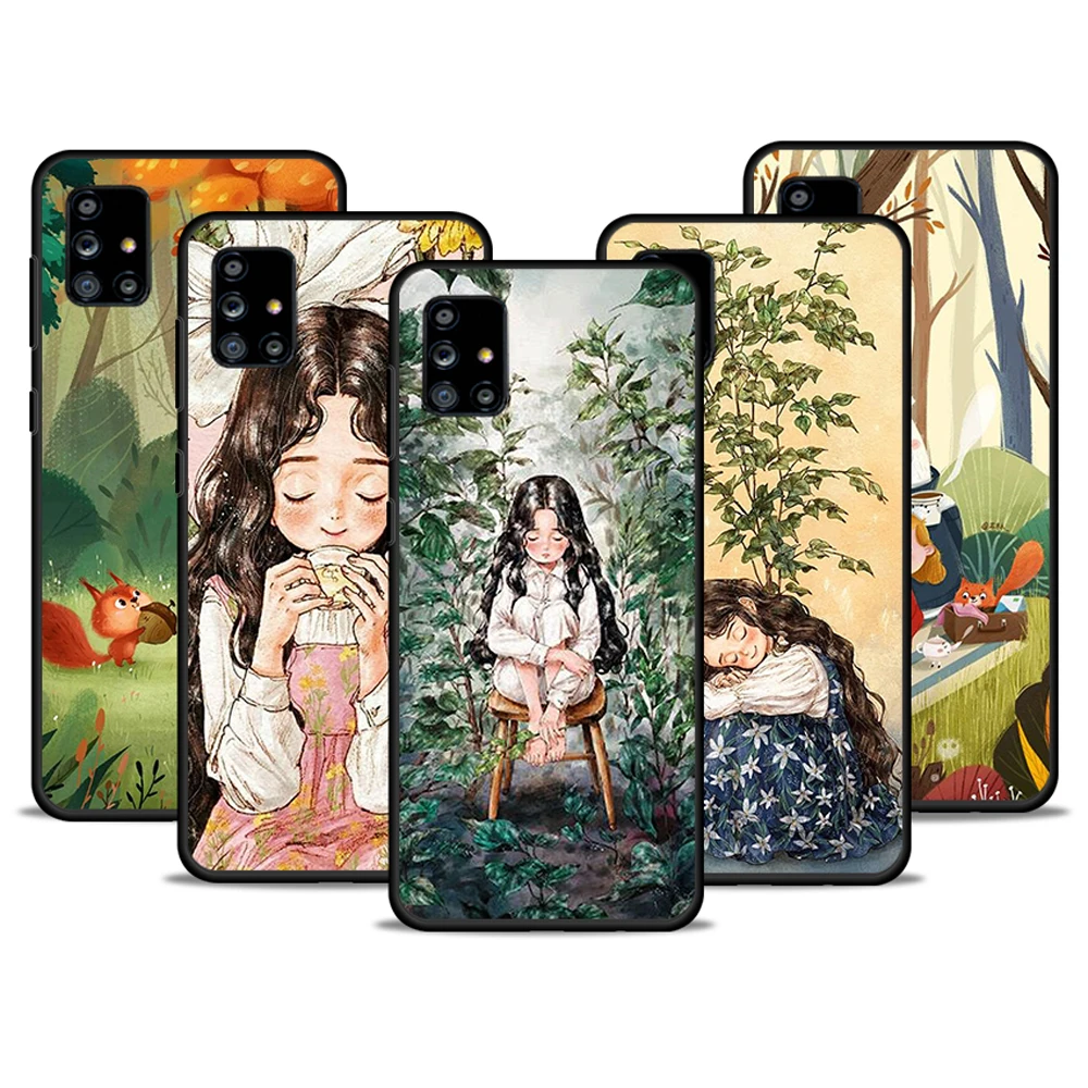 

Healing girl cute For Samsung Galaxy A72 A52 A71 A51 A32 5G A12 A21S A31 A41 Silicone Soft Cover Black Phone Case