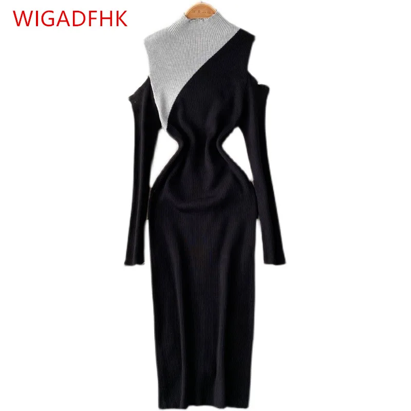 

Женское трикотажное платье с открытыми плечами, облегающее эластичное платье-свитер средней длины с воротником-стойкой и длинными рукавам...