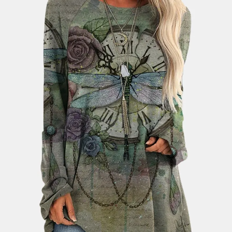 

Vintage Dragonfly Printed O-Neck Long T-Shirt for Women Autumn and Spring Green Color Long Sleeve Tops