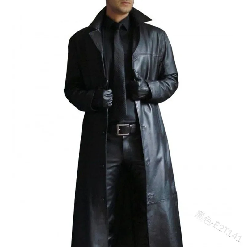 Men'sTrench винтажная средневековая кожаная длинная куртка однотонная двубортная
