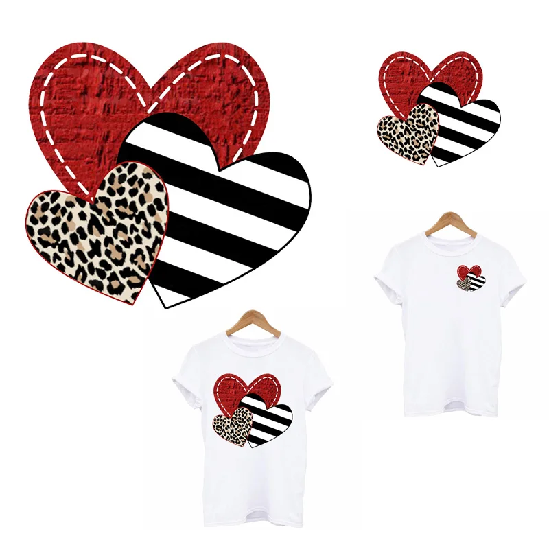 

Leopard Heart Patches for Clothing Striped Red Love Thermo Stickers on Kids Clothes DIY Girl T-Shirt Applique Iron on Transfer